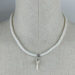 White Puka Shell Necklace With Shark Tooth Pendant Choker Barrel Clasp Beach 18"